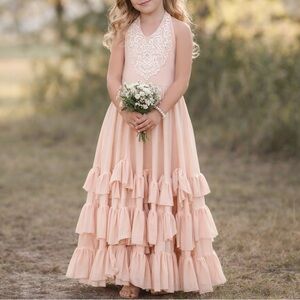 Dollcake Girls Size 12 Blush Lace Halter Ruffle Maxi Dress Flower Girl Pageant